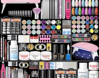 Professional Acrylic Nail Kit with UV Light and Nail Drill, Beginner DIY Manicure Set with Glitter Tips and Powder