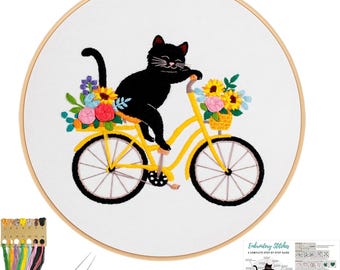 Kit de bordado de gato / Patrón de bicicleta con flores, bricolaje para principiantes