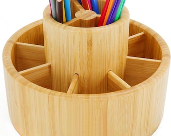 Organizador giratorio hecho a mano para material de arte, portalápices de madera para escritorio, ideal para guardar bolígrafos, pinceles, ceras y otros materiales de manualidades.