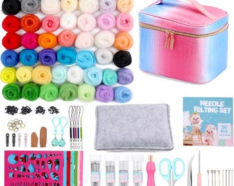Kit de fieltro con aguja de 50 colores / Kit de inicio de 185 piezas con lana y herramientas / Manualidades de fieltro DIY para principiantes