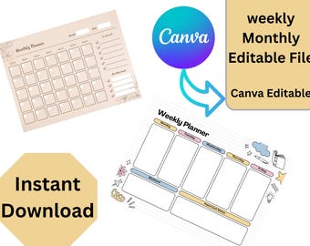 Programma settimanale e mensile modificabile, pianificatore familiare per bambini (download digitale)