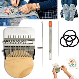 May include: An assortment of craft supplies, including a wooden weaving tool, needles, and black hair ties. The image also shows a person embroidering a floral design on a gray fabric.