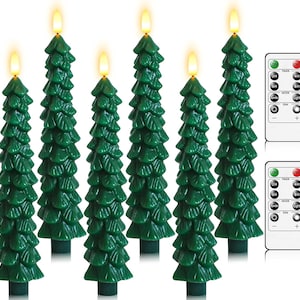 May include: Set of six green Christmas tree-shaped candles with flickering yellow LED flames. Includes two remote controls with buttons for on/off, timer settings, and light mode adjustments. Festive holiday decor.
