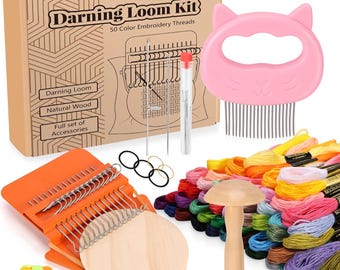 Darning Mini Loom Kit with 50 Color Threads | Sock Darning Mushroom Egg | Complete Fabric Repair Kit for Jeans Socks DIY