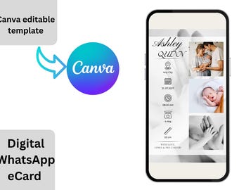 Annuncio di nascita personalizzabile – Modello Canva, biglietto digitale