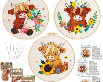 Highland Cow Embroidery Kit | Stamped Beginner Cross Stitch, 3 Pack