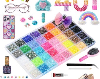 Kit de 40000 piezas de diamantes de imitación de gelatina en 40 colores, gemas de resina de base plana con pegamento B7000 y herramientas para manualidades brillantes.