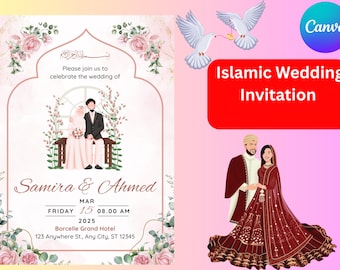 Plantilla de invitación floral para boda islámica, tarjeta Nikkah Walima editable (descarga digital)