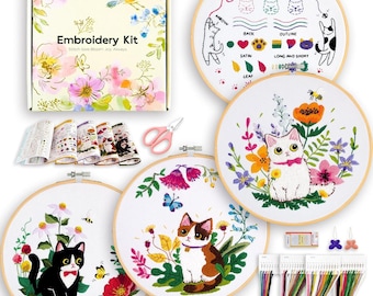 Cat Embroidery Kit for Beginners | 4 Sets with Supplies