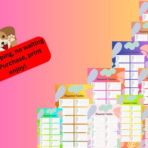 May include: A collection of colorful password tracker printables with various designs. Each tracker features a grid for organizing website names, usernames, and passwords. The image also includes a red banner with text and a cartoon dog.