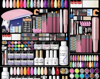 Beginner Acrylic Nail Kit with UV Light and Nail Drill, 11 Color Powder Set with Glitter Rhinestones Nail Art Tools
