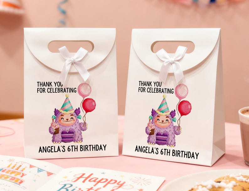 May include: Two white gift bags with a handle and a white bow. Each bag features a cartoon monster holding balloons and a cupcake. Text on the bags reads "THANK YOU FOR CELEBRATING" and "ANGELA'S 6TH BIRTHDAY".