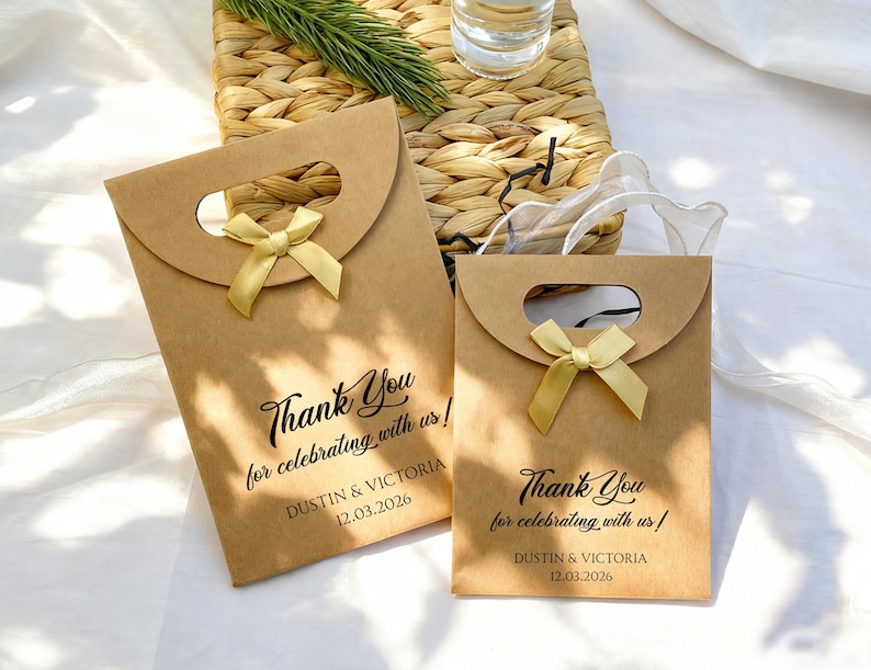 May include: Two brown paper gift bags with a curved top and a handle cutout. Each bag has a gold ribbon bow and the text "Thank You for celebrating with us!" with a date and names printed below.