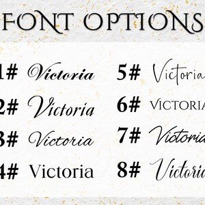 May include: A graphic displaying eight font options for the name "Victoria." Each option is numbered and presented in a different style, ranging from elegant cursive to bold, all-caps lettering. The text "FONT OPTIONS" is at the top.