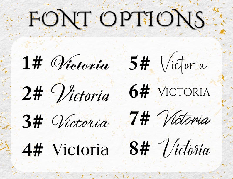 May include: A graphic displaying eight font options for the name "Victoria." Each option is numbered and presented in a different style, ranging from elegant cursive to bold, all-caps lettering. The text "FONT OPTIONS" is at the top.