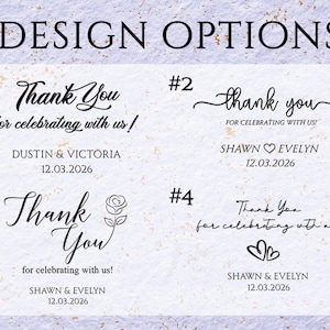 May include: Image displaying four design options for a wedding or event. Each design features the words "Thank You" or "thank you" with different fonts and layouts. Names and dates are included, with a rose and heart symbols.