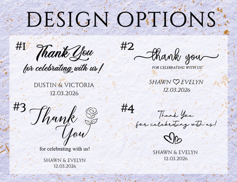 May include: Image displaying four design options for a wedding or event. Each design features the words "Thank You" or "thank you" with different fonts and layouts. Names and dates are included, with a rose and heart symbols.