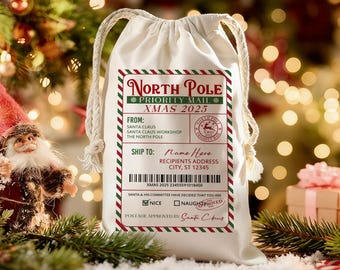 Personalized North Pole Express Mail Bag, Santa Shipping Gift Bag, Custom Drawstring Bag for Xmas, Personalized Santa Sack, Holiday Gift Bag