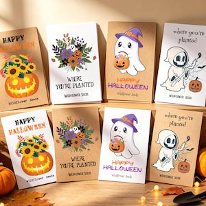 Anpassade Halloween-fröpaket | Läskig pumpadesign | Halloween-spöke-vildblomma-fröpaket | Halloween-dekoration för barn | Skelett-festgåva