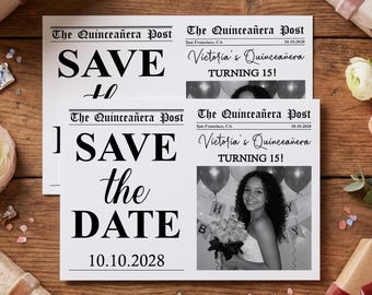 Sweet15 Save the Date 新聞 | パーソナライズされた写真付き Quinceañera 招待状新聞 | Quince のお知らせ | ヴィンテージ新聞パーティー招待状