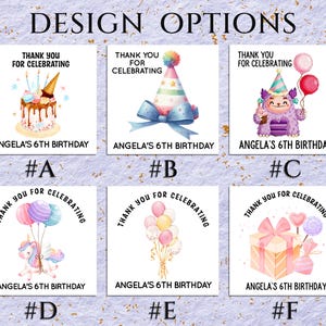 May include: A collection of six square designs for a birthday celebration. Each design features the text "THANK YOU FOR CELEBRATING" and "ANGELA'S 6TH BIRTHDAY". The designs include a cake, party hat, monster, unicorn, balloons, and a gift.