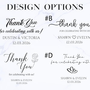 May include: Image showcasing four design options for wedding or event thank you cards. Each design features the words "Thank You" or "thank you" in elegant script, along with names and a date. The designs include decorative elements like a rose and hearts.