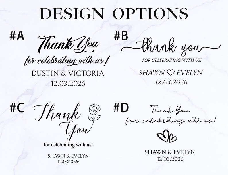 May include: Image showcasing four design options for wedding or event thank you cards. Each design features the words "Thank You" or "thank you" in elegant script, along with names and a date. The designs include decorative elements like a rose and hearts.