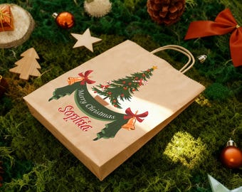 Christmas Gift Bags, Recycled Kraft Paper Bag for Christmas, Xmas Tote Paper Bag, Personalized Christmas Party Bags for Guest, Thank You Bag