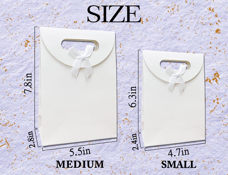 May include: Two white gift bags, one medium (7.8in x 5.5in x 2.8in) and one small (6.3in x 4.7in x 2.4in), each with a handle and a white bow. The word "SIZE" is at the top, with "MEDIUM" and "SMALL" at the bottom.