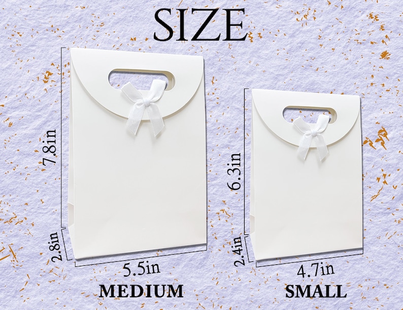 May include: Two white gift bags with a handle and a white bow. The larger bag is 7.8 inches tall, 5.5 inches wide, and 2.8 inches deep. The smaller bag is 6.3 inches tall, 4.7 inches wide, and 2.4 inches deep. The word "SIZE" is at the top, and "MEDIUM" and "SMALL" are at the bottom.