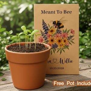 May include: A terracotta-colored flower pot with small green seedlings. A kraft paper card with the text "Meant To Bee" and a bee illustration, along with floral elements and names. The card also includes the date 10.10.2028.
