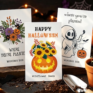 May include: Three white rectangular seed packets featuring Halloween illustrations. One shows a floral bouquet with a ghost, one shows a jack-o'-lantern with sunflowers, and one shows a grim reaper with a pumpkin and the text where you're planted.