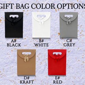 May include: An assortment of gift bags in various colors: black, white, grey, kraft, and red. Each bag has a handle and a ribbon closure. Text at the top reads "GIFT BAG COLOR OPTIONS".
