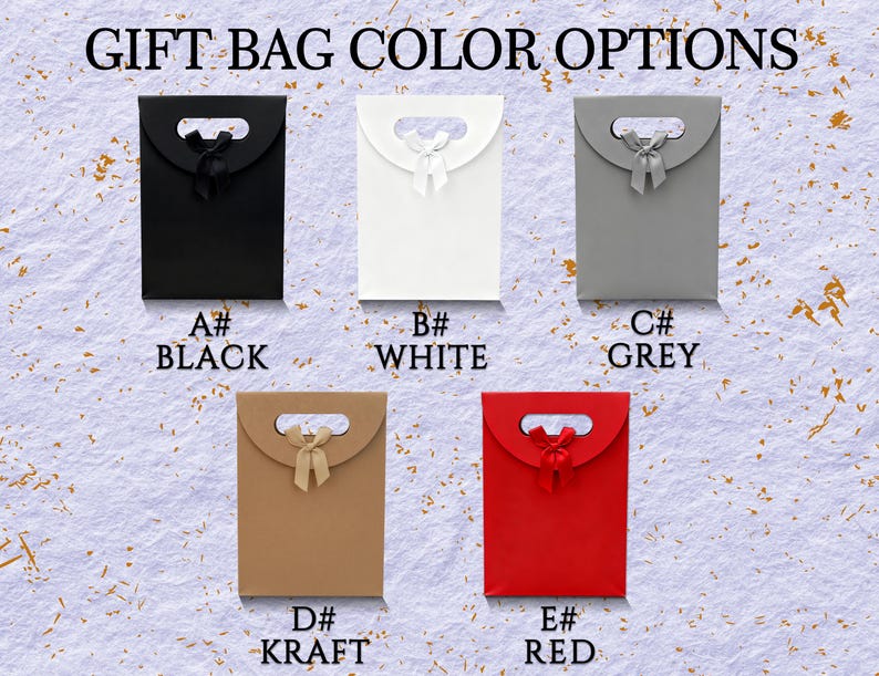 May include: An assortment of gift bags in various colors: black, white, grey, kraft, and red. Each bag has a handle and a ribbon closure. Text at the top reads "GIFT BAG COLOR OPTIONS".