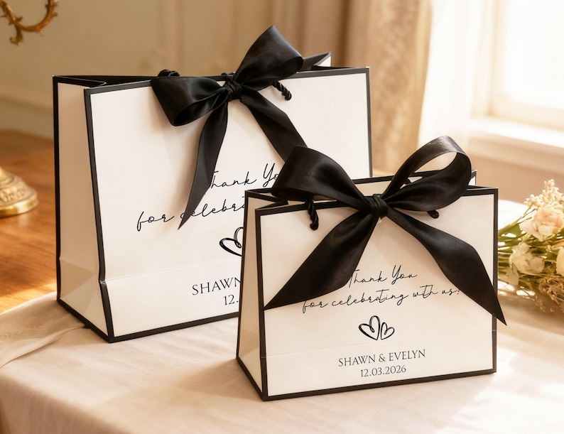 May include: Two white gift bags with black trim and large black satin bows. The bags have the text "Thank You for celebrating with us" and the names "Shawn & Evelyn" with a date. The bags are on a white surface.