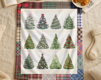 Christmas Tree Patchwork Quilted Blanket,Kid Christmas Gift,Vintage Christmas Tree Holiday Blanket,Xmas Quilted Throw,Winter Xmas Home Decor