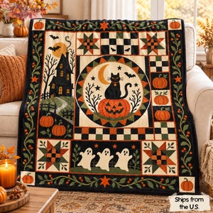 May include: A rectangular throw blanket featuring a Halloween-themed patchwork design with a central black cat sitting on a pumpkin, a haunted house, ghosts, and orange pumpkins. The border includes vines, berries, and stars on a black background.
