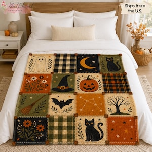 May include: A patchwork throw blanket featuring Halloween-themed squares with illustrations of a ghost, a black cat, a jack-o'-lantern, a witch hat, a bat, a broomstick, a crescent moon, stars, flowers, and trees, interspersed with plaid patterns.