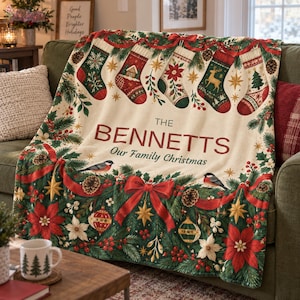 Personalized Family Christmas Flannel Blanket, Custom Last Name, Stockings & Red Bows, Pine Garland Print, Traditional Holiday Keepsake Gift