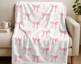 Manta personalizada con lazo rosa, regalo personalizado para baby shower, manta acogedora con nombre para bebé, estética coqueta, suave manta para envolver al bebé, manta para recién nacida