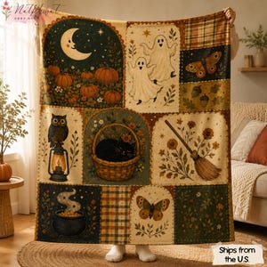 May include: A rectangular throw blanket featuring a patchwork design with illustrations of a crescent moon, pumpkins, ghosts, a butterfly, an owl on a lantern, a black cat in a basket, a broom, a cauldron, and plaid patterns in autumn colours.