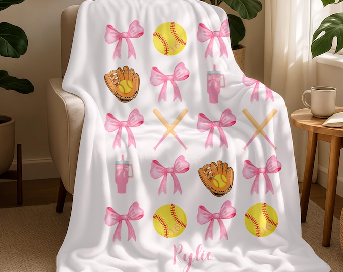Personalized Softball Name Blanket,Custom Softball Team Blanket,Coquette Bow Baseball Blanket,Softball Mom Blanket,Softball Player Name Gift