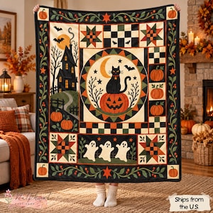 Halloween-lapptäcke med tryck, pläd med svart katt och pumpa, design med spökhus och spöken i vintagestil, rustik höstdekoration i lantlig stil