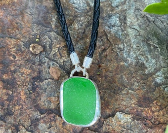 Kelly Green Sea Glass Long Drop Necklace / Green 36” Leather Necklace/Green Seaglass Long Necklace/ Green Beach Glass Long Necklace