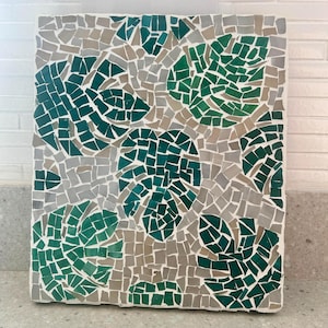 Monstera Mosaic Wall Art – Handmade 8.5x9.5 Green Leaf Tile Mural, Ready to Hang