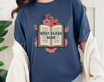 Spicy Reads Club T-Shirt: Floral Book Design, Unisex Cotton Tee