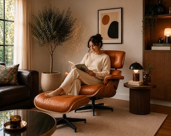Moderne fauteuil met poef hout en leer – premium oranje leer walnoothout