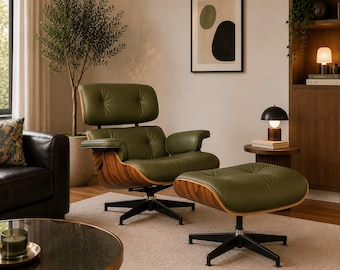 Wood And Leather Modern Lounge Chair with Ottoman – Premium Green Leather Walnut Wood