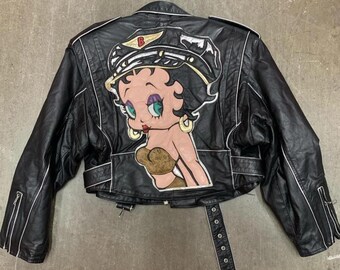 ジャケット・アウター Betty Boop biker design leather jacket Vintage Black Leather Motorcycle Jacket With Betty Boop// Black