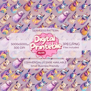 May include: A digital printable seamless pattern featuring colorful llama illustrations. The llamas are depicted in various colors, including purple, yellow, and blue. The image includes the text "Digital Printable" and "Commercial License Available". The image is 5000x5000px at 300 DPI.